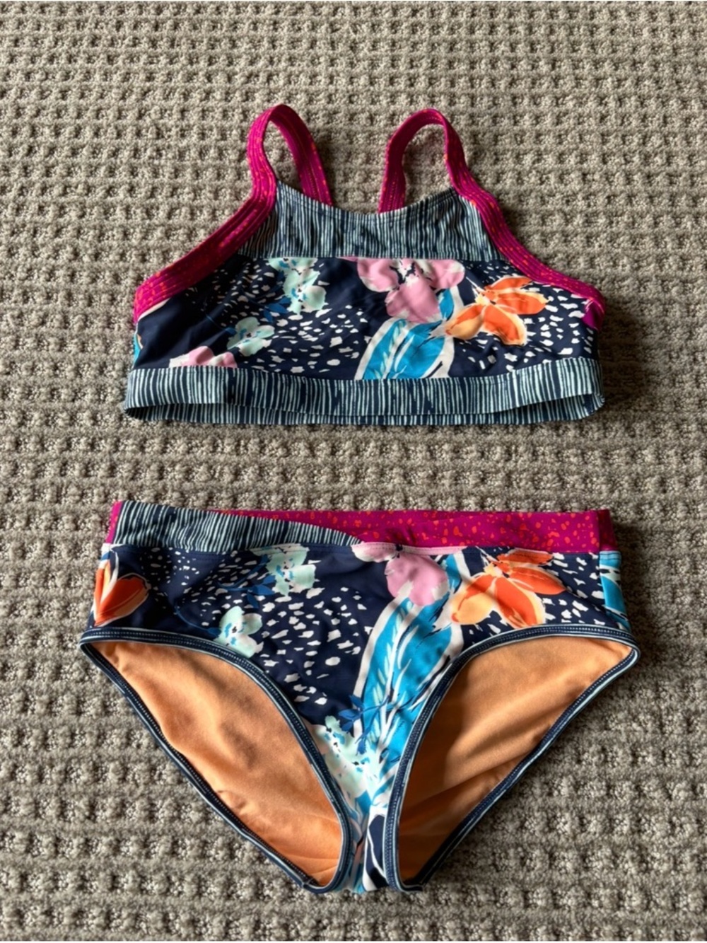Navy Floral Two-Piece Swim Set with Pink Trim